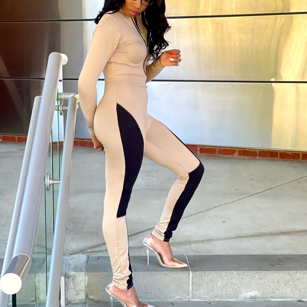 Taupe and black jumpsuit